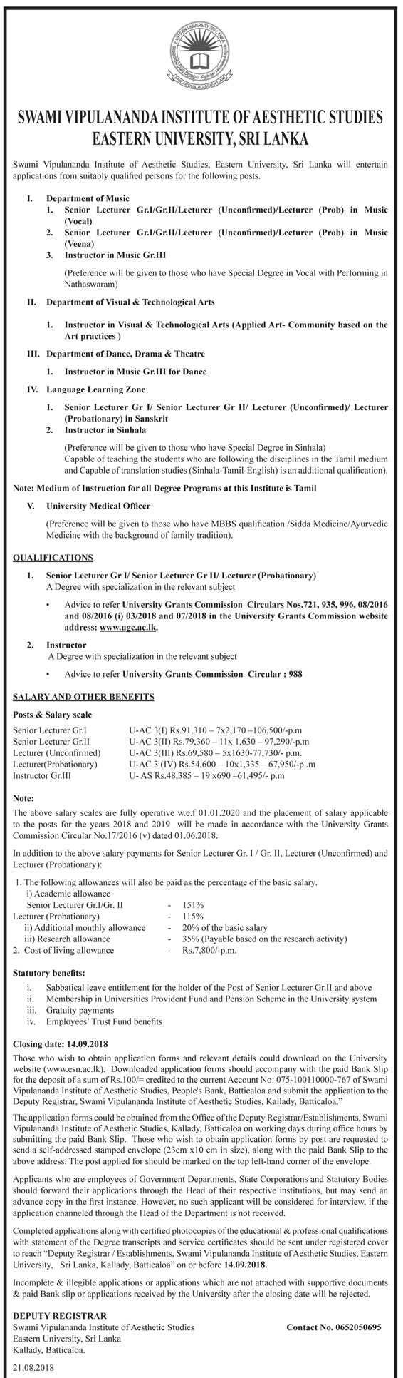 Senior Lecturer, Lecturer, Instructor, Medical Officer - Eastern University, Sri Lanka